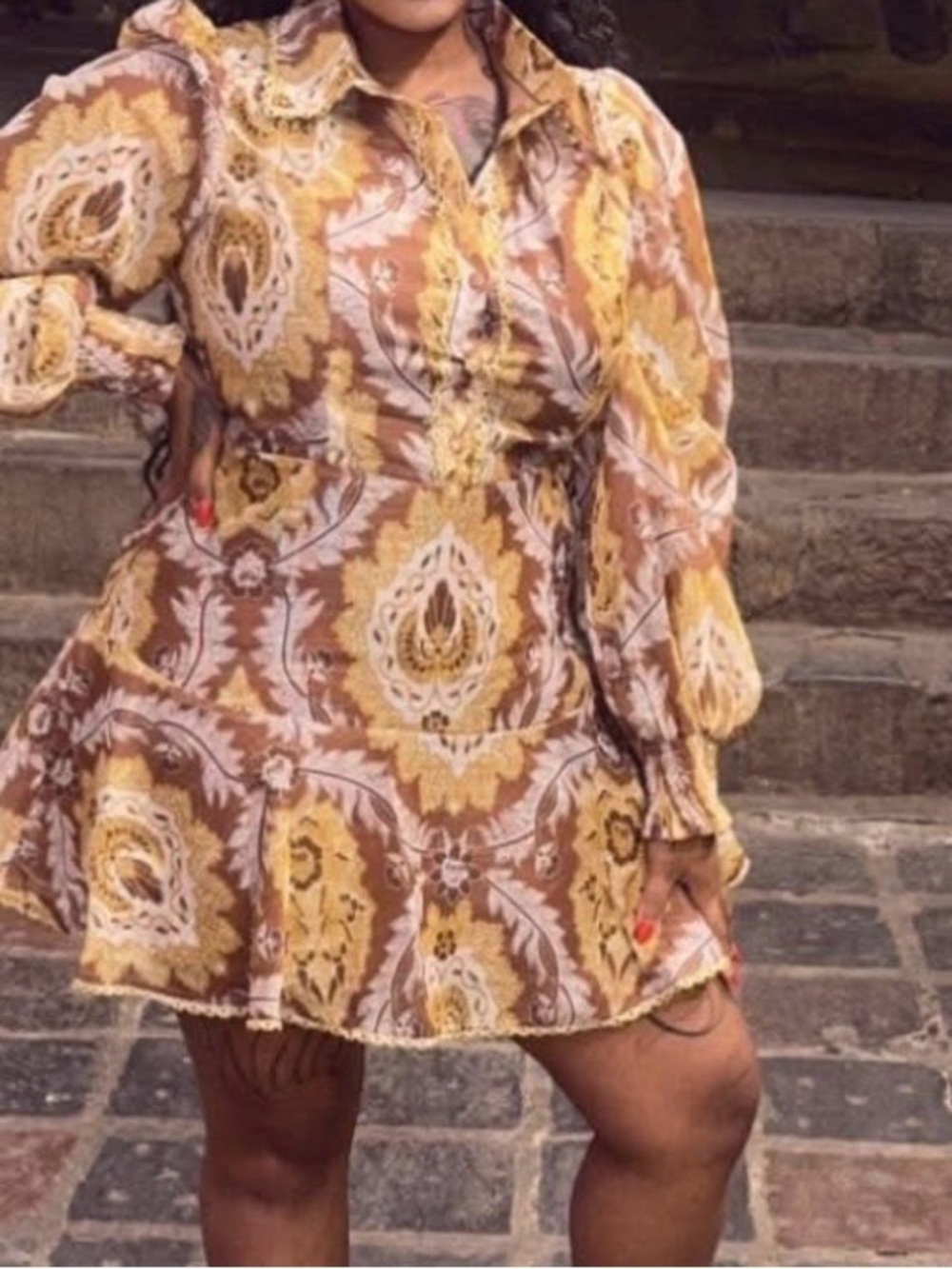 Fashion Nova Brown and Yellow Printed Mini Dress